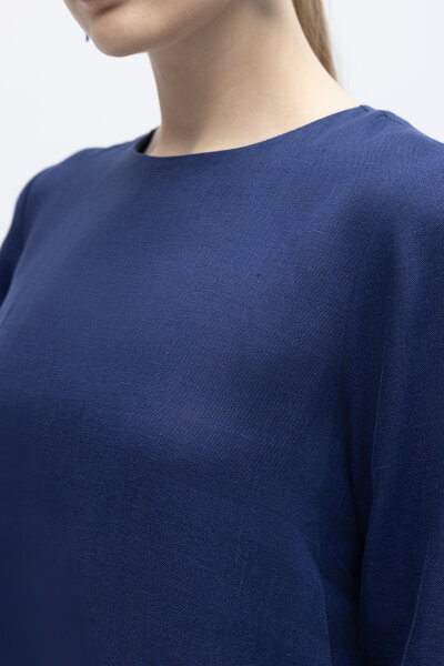 Uzun Kollu Düz Renk Keten Elbise Navy - 4