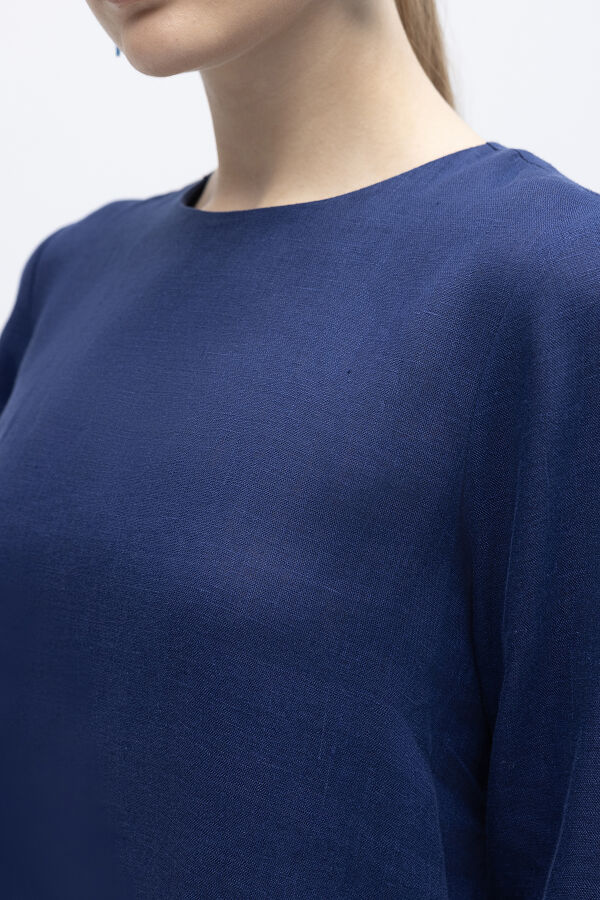 Uzun Kollu Düz Renk Keten Elbise Navy - 4