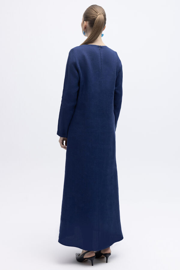 Uzun Kollu Düz Renk Keten Elbise Navy - 5