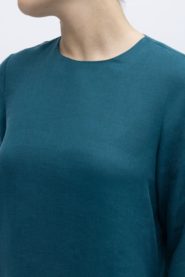 Uzun Kollu Düz Renk Keten Elbise North Sea - 3