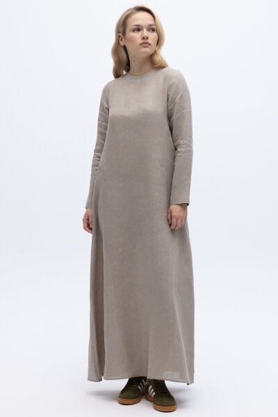 Uzun Kollu Düz Renk Keten Elbise Stone 