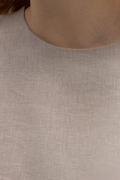 Uzun Kollu Düz Renk Keten Elbise Stone - 2