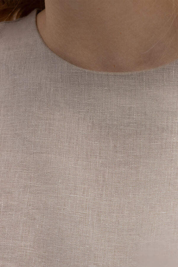 Uzun Kollu Düz Renk Keten Elbise Stone - 2