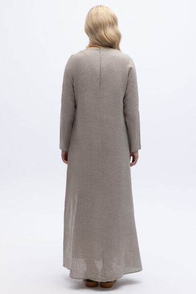 Uzun Kollu Düz Renk Keten Elbise Stone - 3