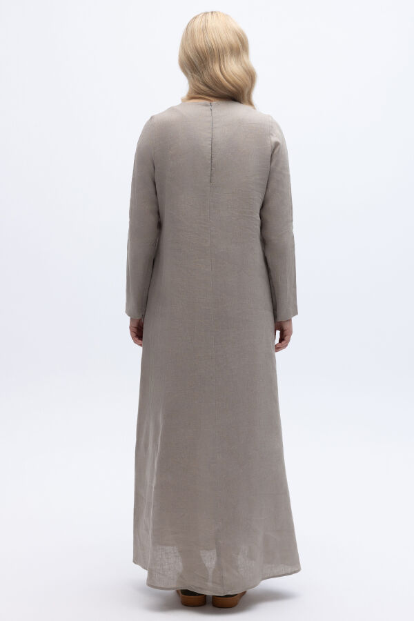Uzun Kollu Düz Renk Keten Elbise Stone - 3