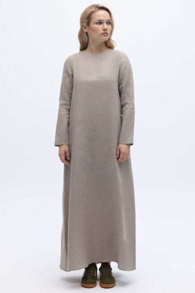 Uzun Kollu Düz Renk Keten Elbise Stone - 4