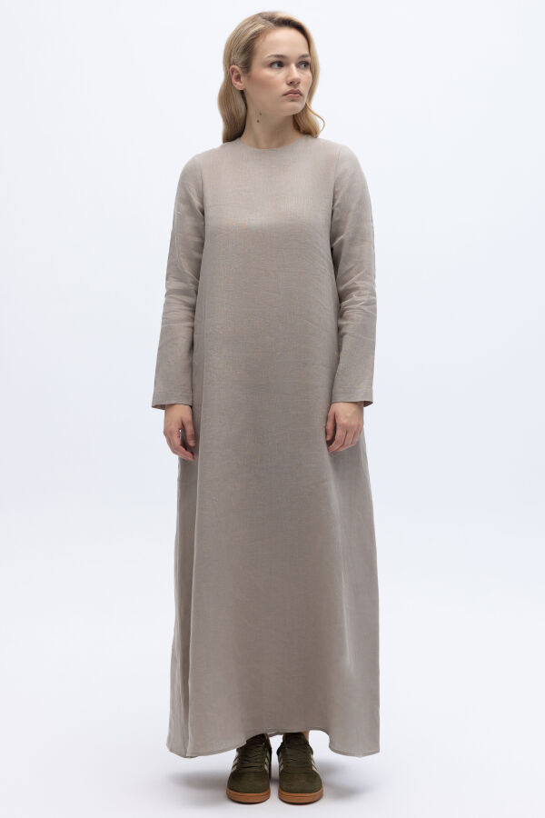 Uzun Kollu Düz Renk Keten Elbise Stone - 4