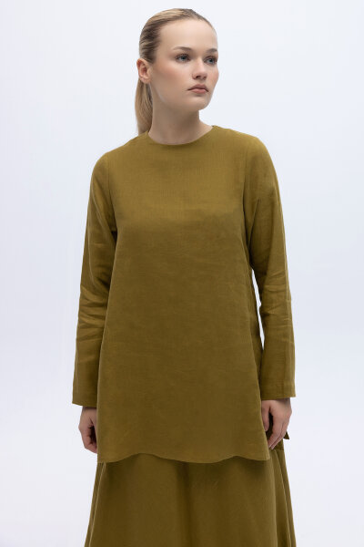 Uzun Kollu Düz Renk Keten Tunik Amber 