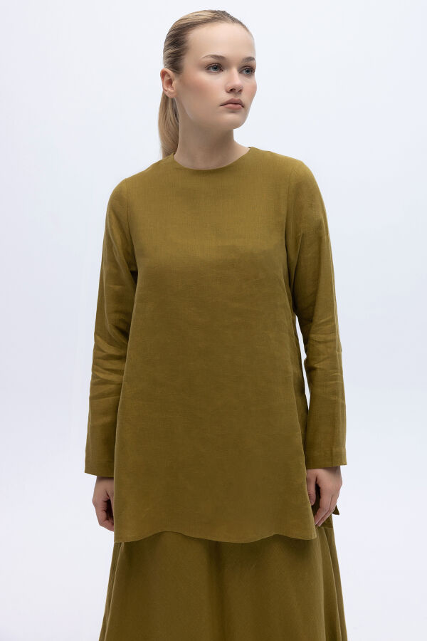 Uzun Kollu Düz Renk Keten Tunik Amber - 1