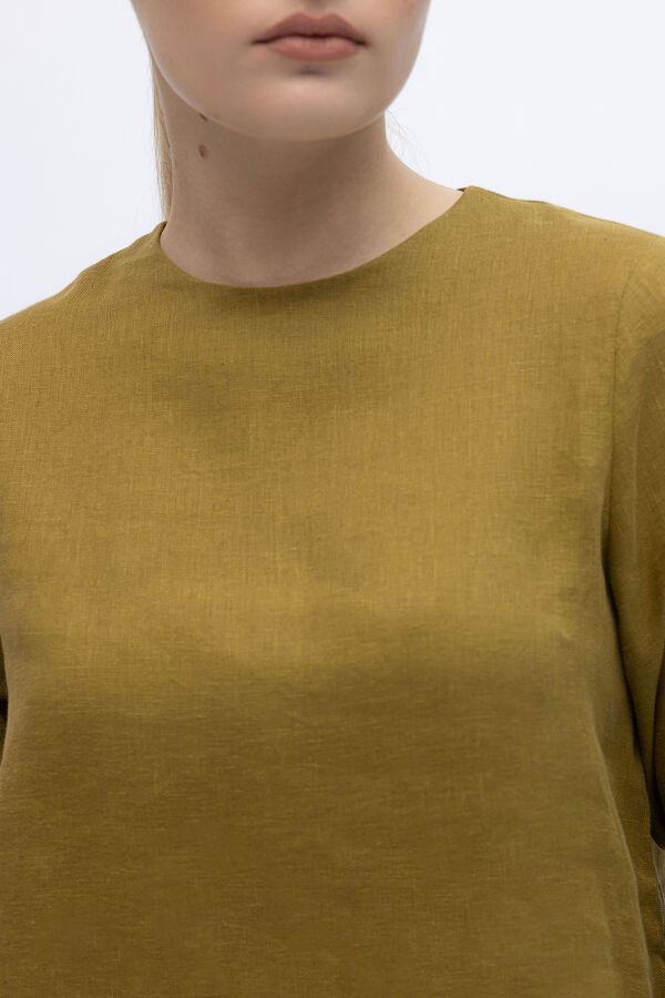 Uzun Kollu Düz Renk Keten Tunik Amber - 2