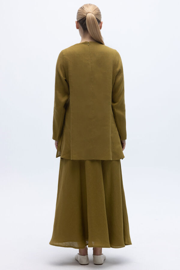 Uzun Kollu Düz Renk Keten Tunik Amber - 3