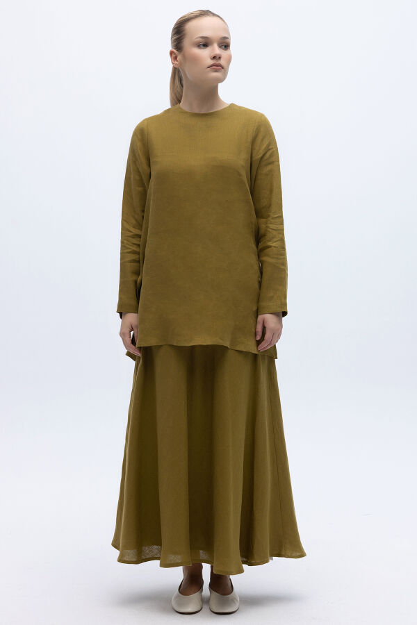 Uzun Kollu Düz Renk Keten Tunik Amber - 4