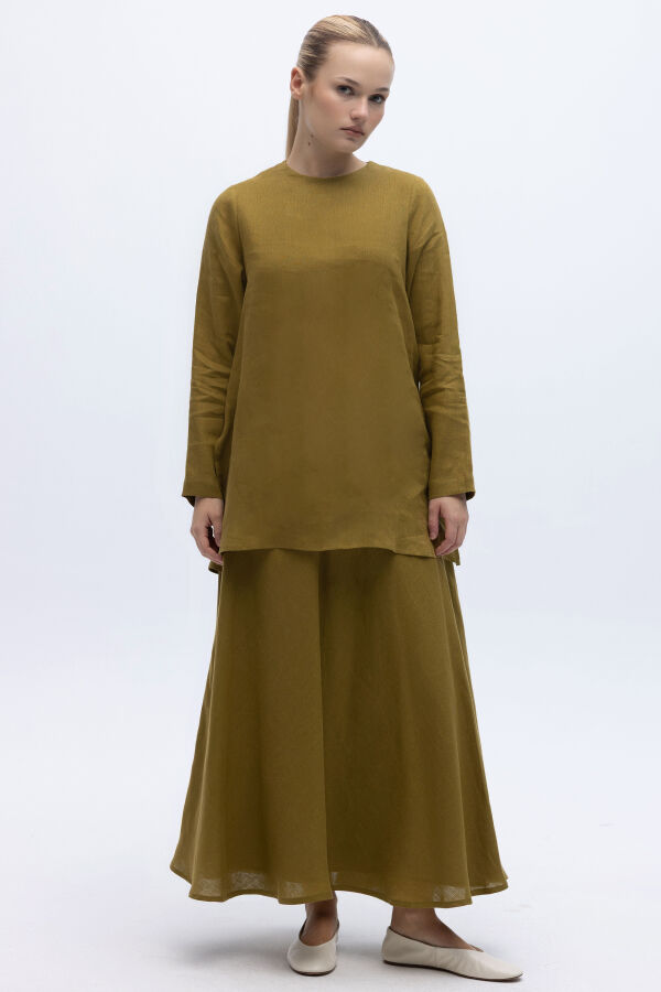 Uzun Kollu Düz Renk Keten Tunik Amber - 5