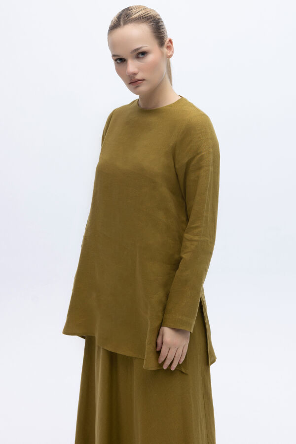 Uzun Kollu Düz Renk Keten Tunik Amber - 6