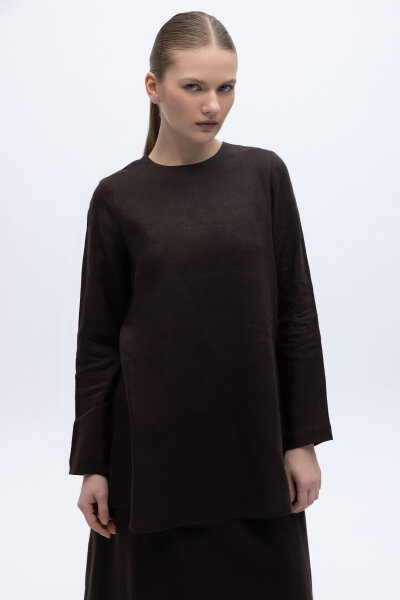 Uzun Kollu Düz Renk Keten Tunik Kahverengi 