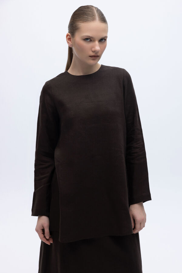 Uzun Kollu Düz Renk Keten Tunik Kahverengi - 1