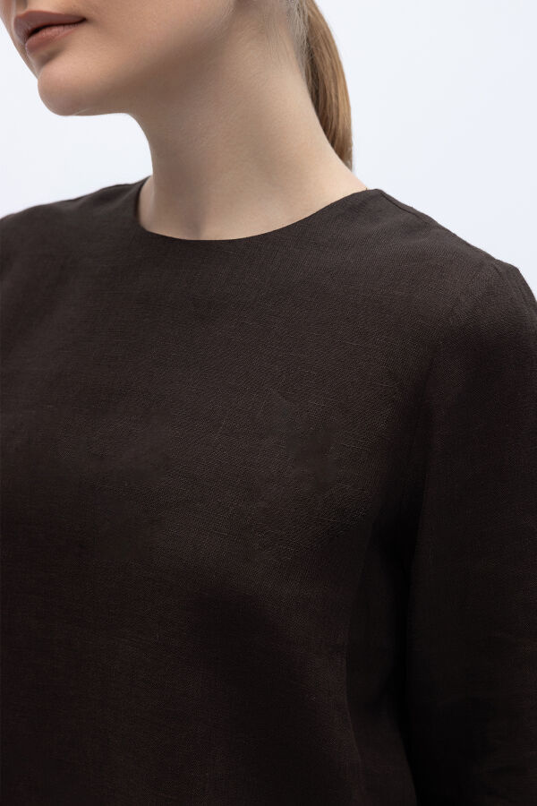 Uzun Kollu Düz Renk Keten Tunik Kahverengi - 2