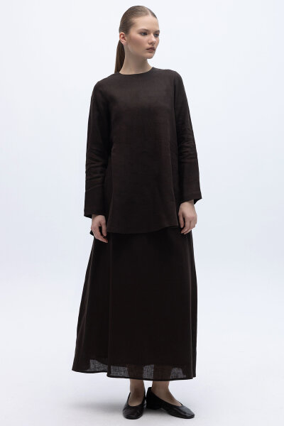 Uzun Kollu Düz Renk Keten Tunik Kahverengi - 3