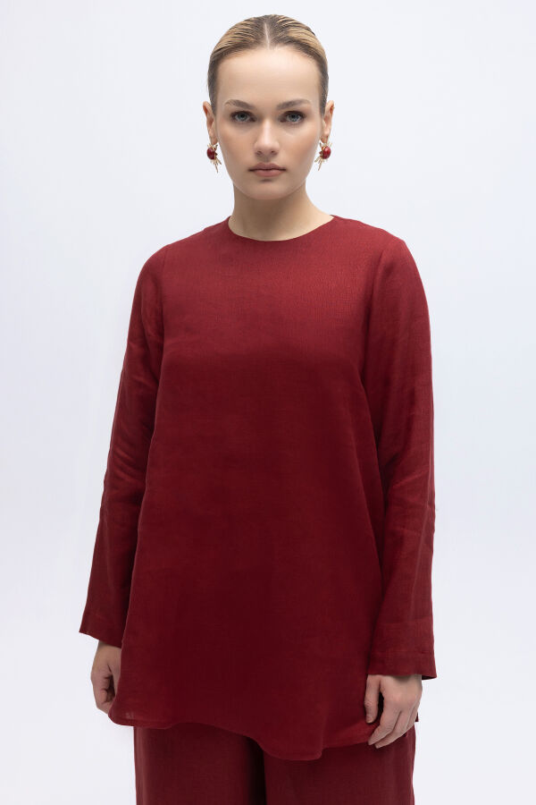 Uzun Kollu Düz Renk Keten Tunik Cherry - 1