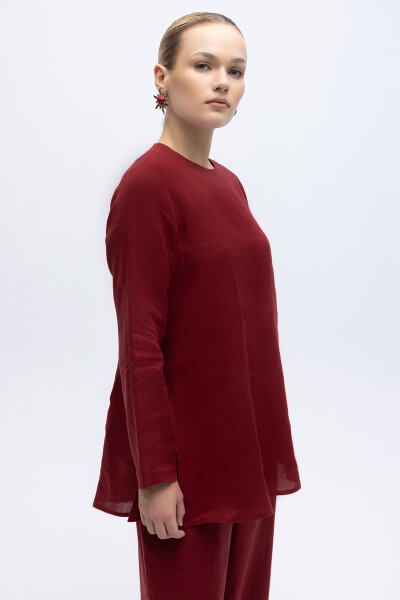 Uzun Kollu Düz Renk Keten Tunik Cherry - MISS DALIDA (1)