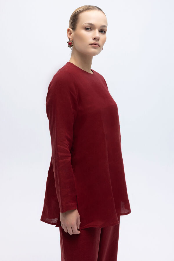 Uzun Kollu Düz Renk Keten Tunik Cherry - 2