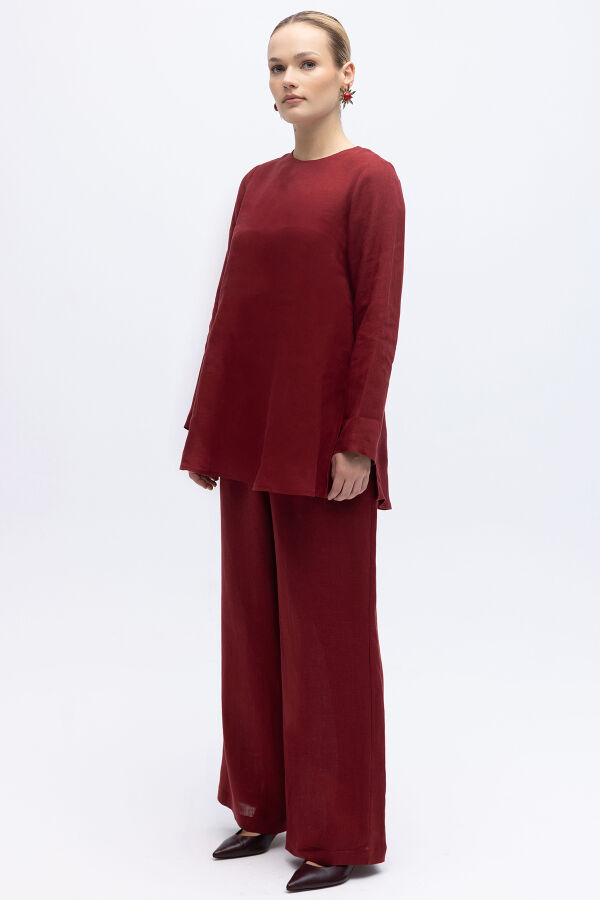 Uzun Kollu Düz Renk Keten Tunik Cherry - 4