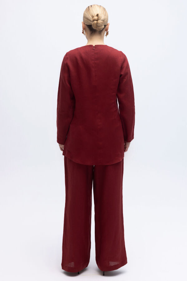 Uzun Kollu Düz Renk Keten Tunik Cherry - 5