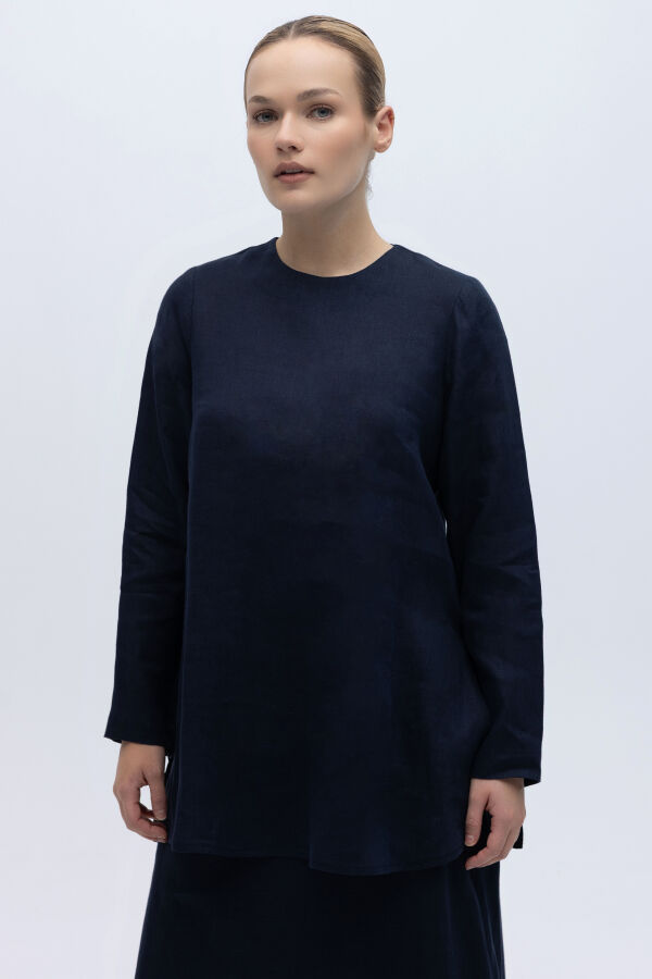 Uzun Kollu Düz Renk Keten Tunik Lacivert - 1