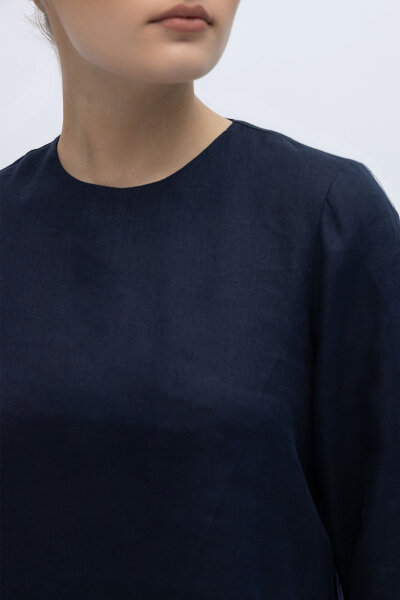 Uzun Kollu Düz Renk Keten Tunik Lacivert - 2