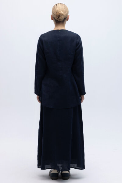 Uzun Kollu Düz Renk Keten Tunik Lacivert - 3