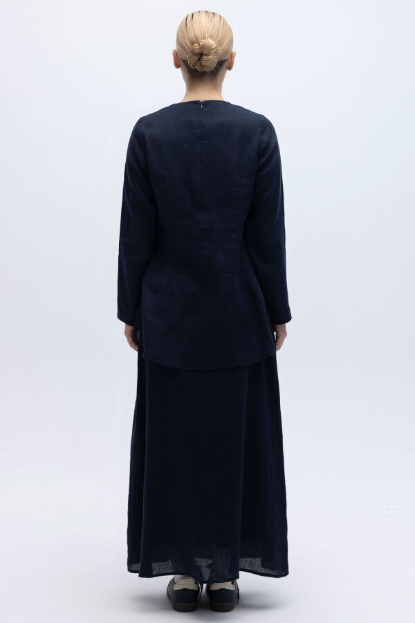 Uzun Kollu Düz Renk Keten Tunik Lacivert - 3