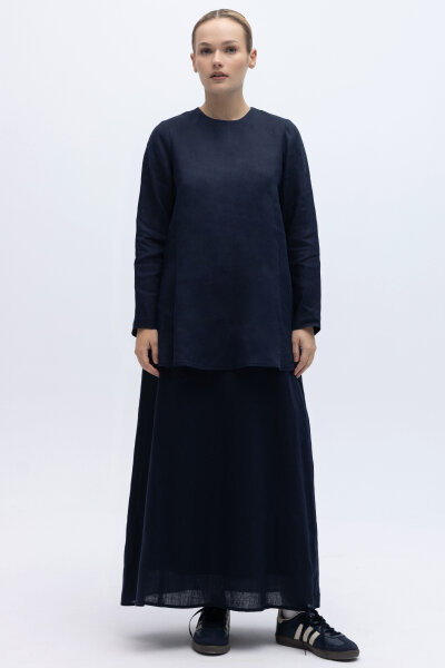 Uzun Kollu Düz Renk Keten Tunik Lacivert - 4