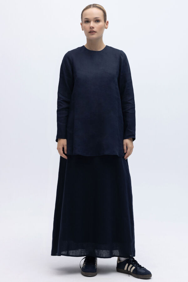 Uzun Kollu Düz Renk Keten Tunik Lacivert - 4