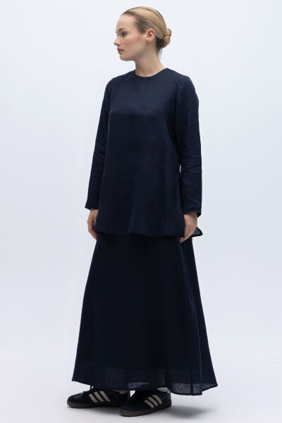 Uzun Kollu Düz Renk Keten Tunik Lacivert - 5