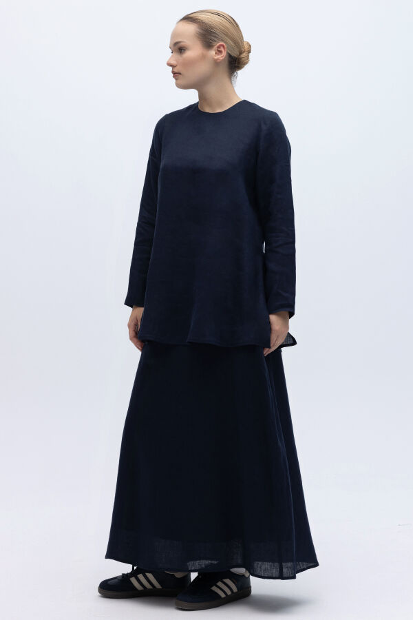 Uzun Kollu Düz Renk Keten Tunik Lacivert - 5