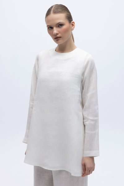 Uzun Kollu Düz Renk Keten Tunik Ekru 