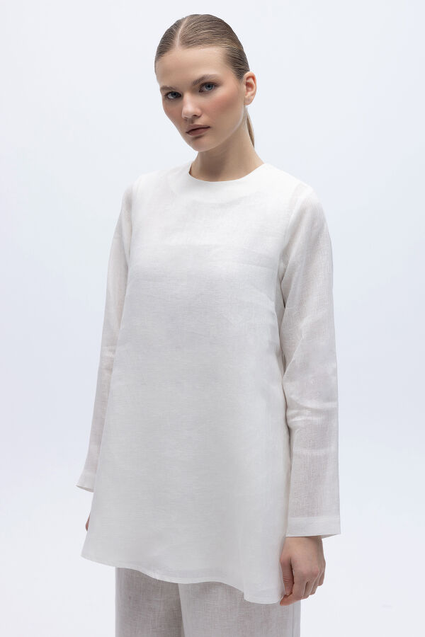 Uzun Kollu Düz Renk Keten Tunik Ekru - 1