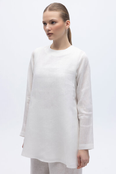 Uzun Kollu Düz Renk Keten Tunik Ekru - 5