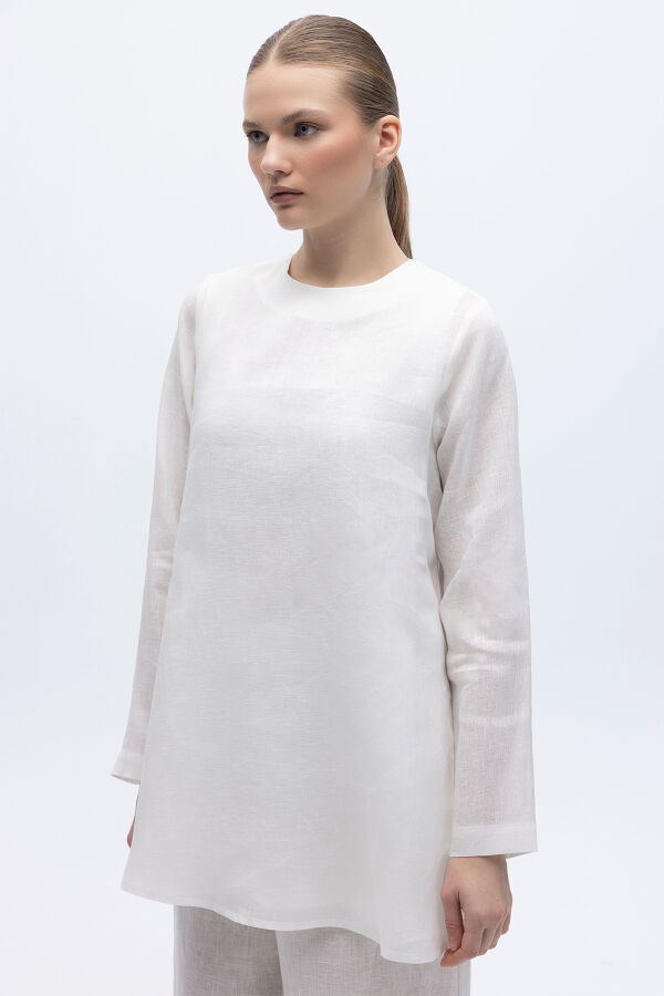 Uzun Kollu Düz Renk Keten Tunik Ekru - 5