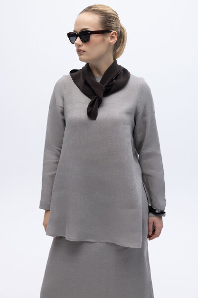 Uzun Kollu Düz Renk Keten Tunik Gri - 1