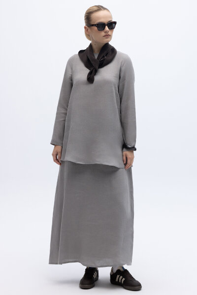Uzun Kollu Düz Renk Keten Tunik Gri - 3