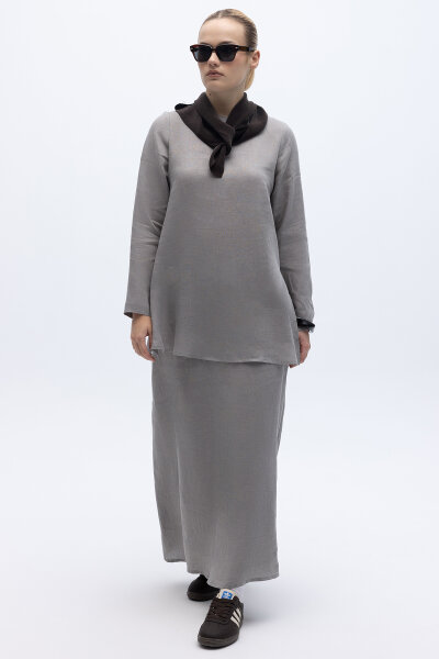 Uzun Kollu Düz Renk Keten Tunik Gri - 4
