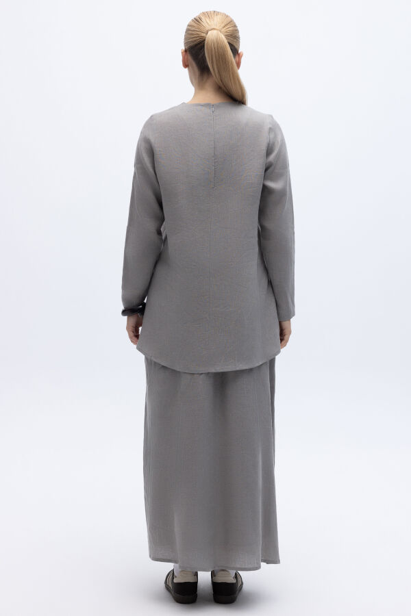Uzun Kollu Düz Renk Keten Tunik Gri - 2