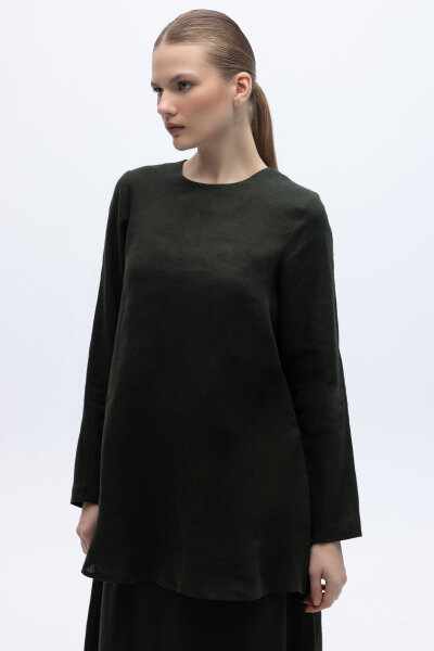 Uzun Kollu Düz Renk Keten Tunik Haki 