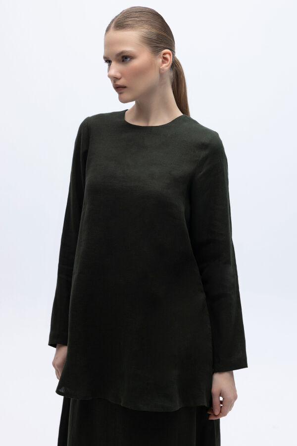 Uzun Kollu Düz Renk Keten Tunik Haki - 1