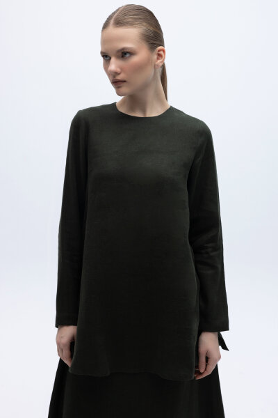 Uzun Kollu Düz Renk Keten Tunik Haki - 2