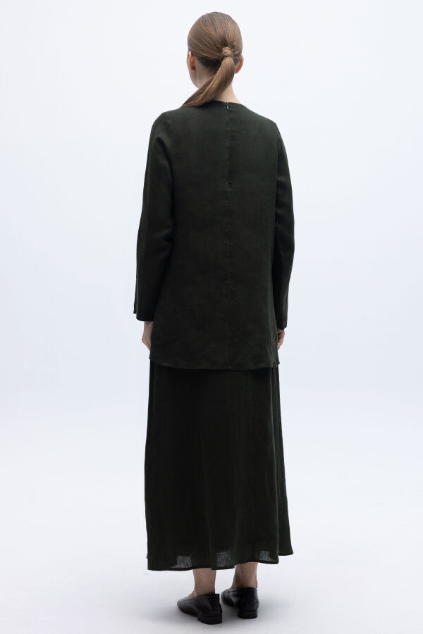 Uzun Kollu Düz Renk Keten Tunik Haki - 3