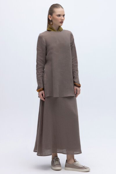 Uzun Kollu Düz Renk Keten Tunik Mink 