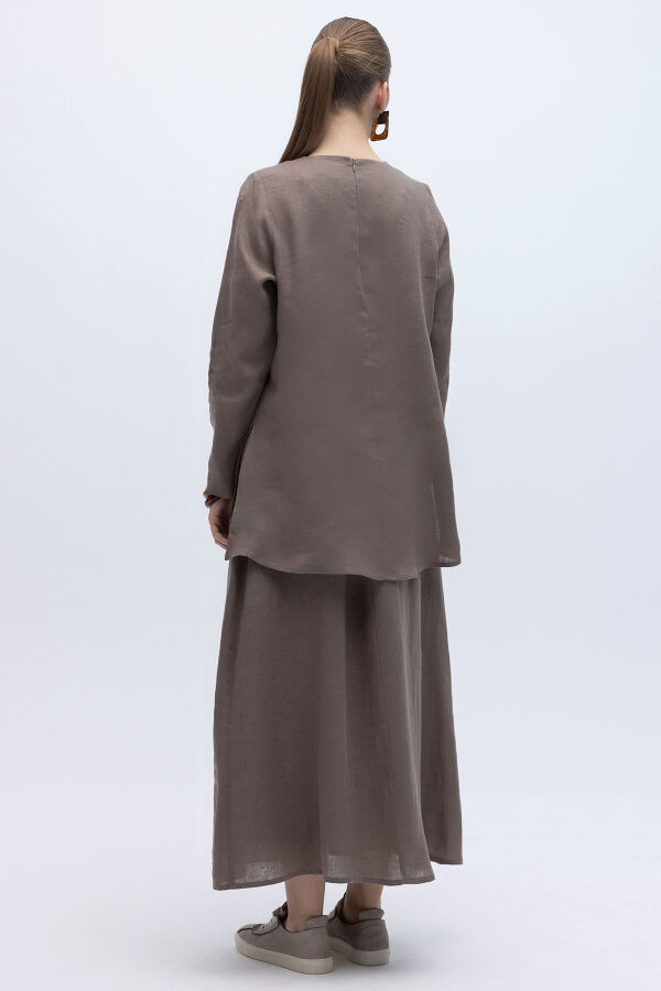 Uzun Kollu Düz Renk Keten Tunik Mink - 3