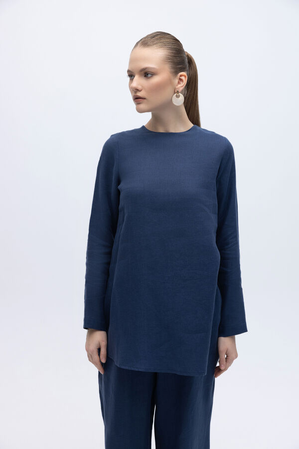 Uzun Kollu Düz Renk Keten Tunik Navy - 1